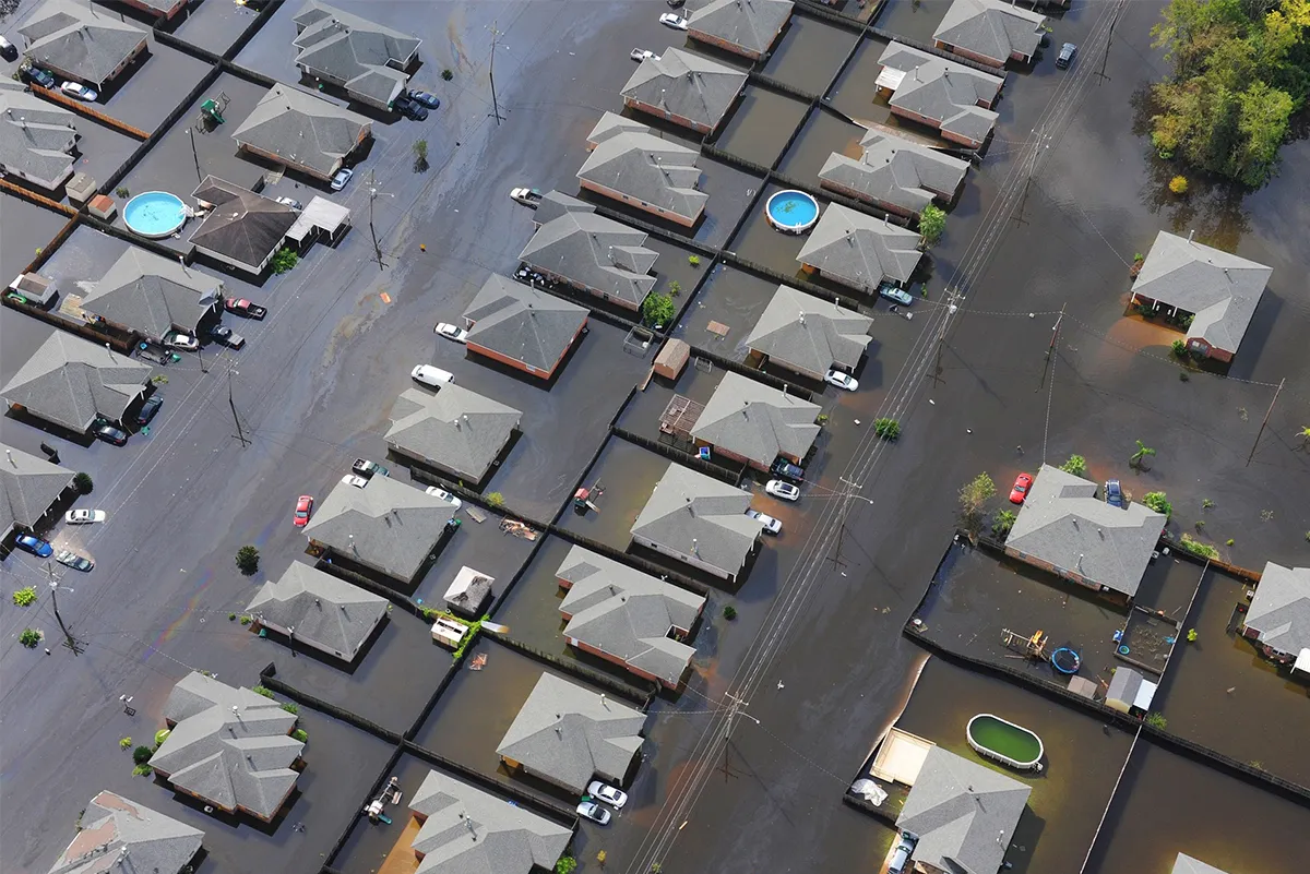 Aerial view of a flooded residential neighborhood