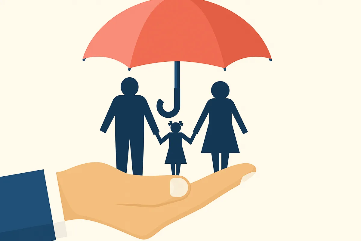 Illustration of a hand holding an umbrella over a family